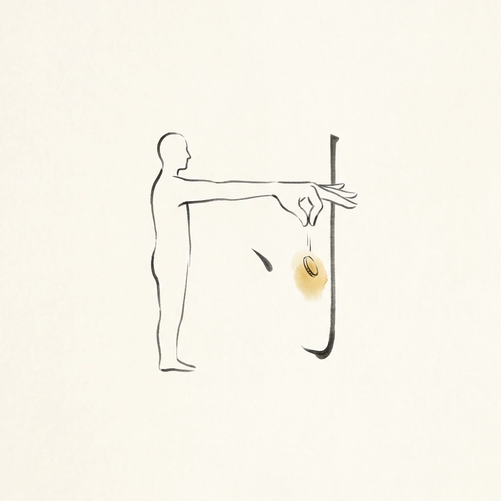 Visual mnemonic illustration of the Chinese character 付 (to pay / to hand over)