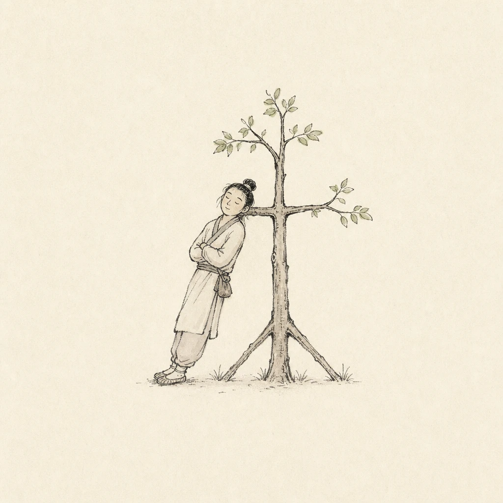 Visual mnemonic illustration of the Chinese character 休 (to rest)