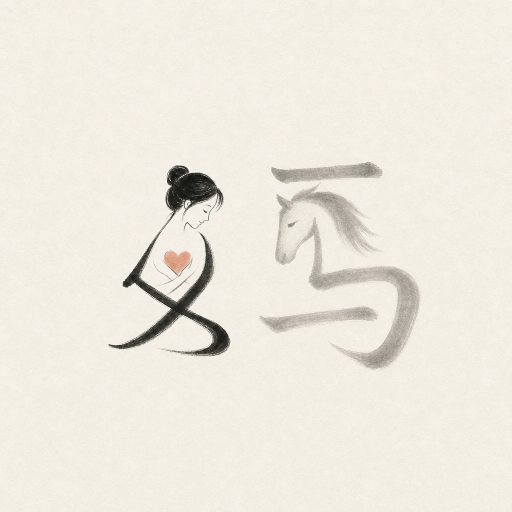Visual mnemonic illustration of the Chinese character 妈 (mother / mom)