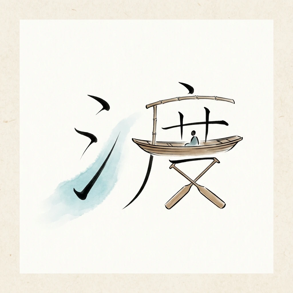 Visual mnemonic illustration of the Chinese character 渡 (to cross (a river / sea))