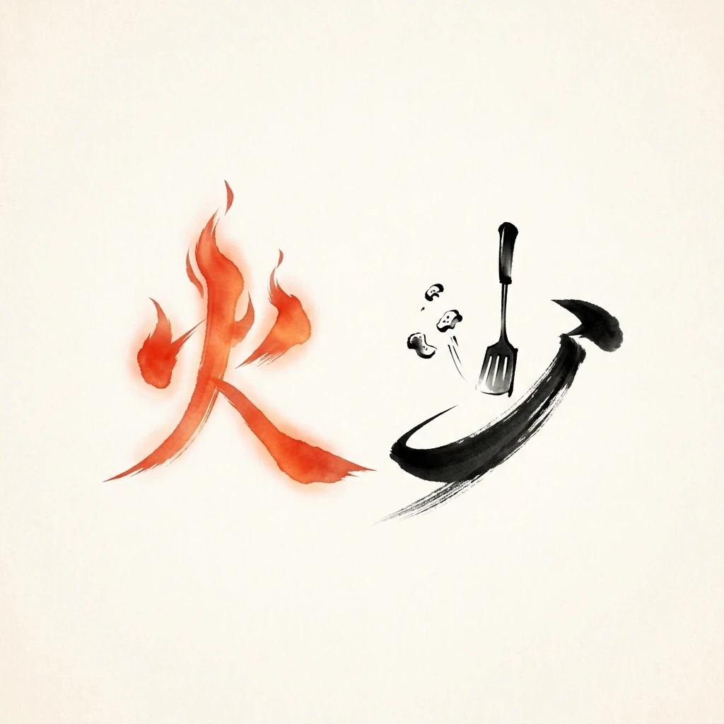 Visual mnemonic illustration of the Chinese character 炒 (stir-fry / sauté)