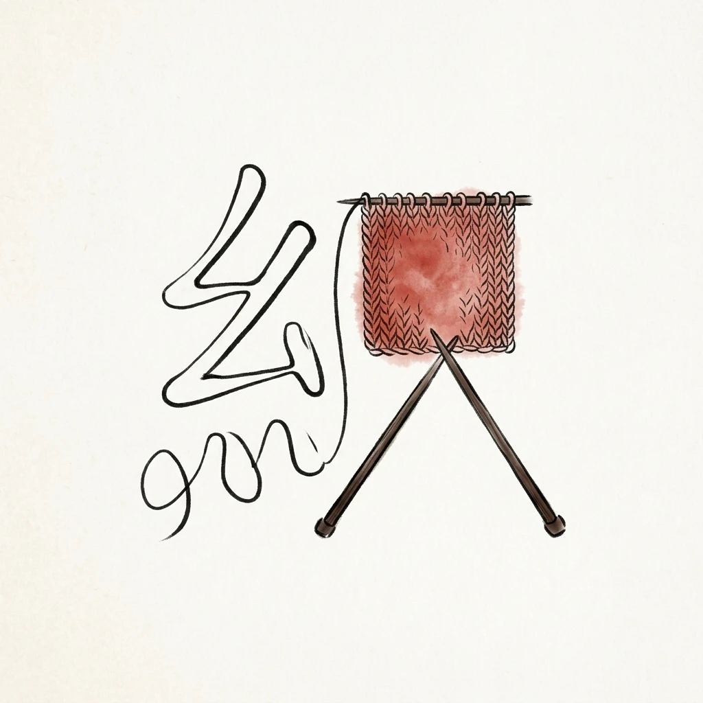 Visual mnemonic illustration of the Chinese character 织 (to weave / to knit)